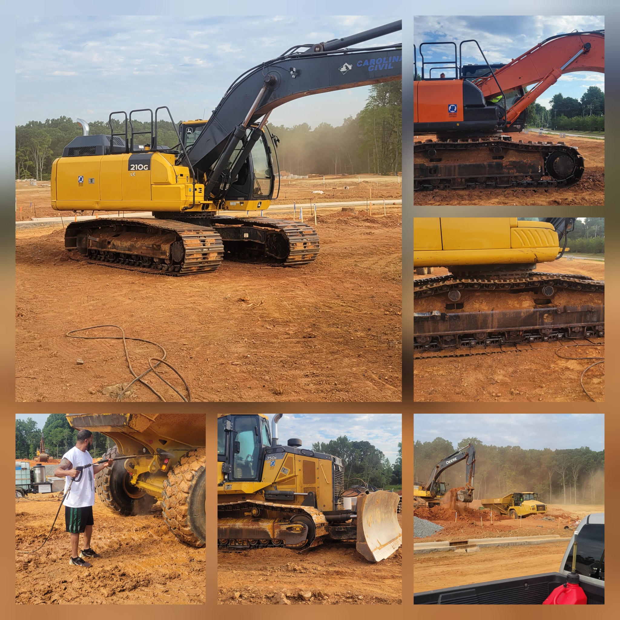 Worker pressure washing dump truck and heavy equipment on construction site