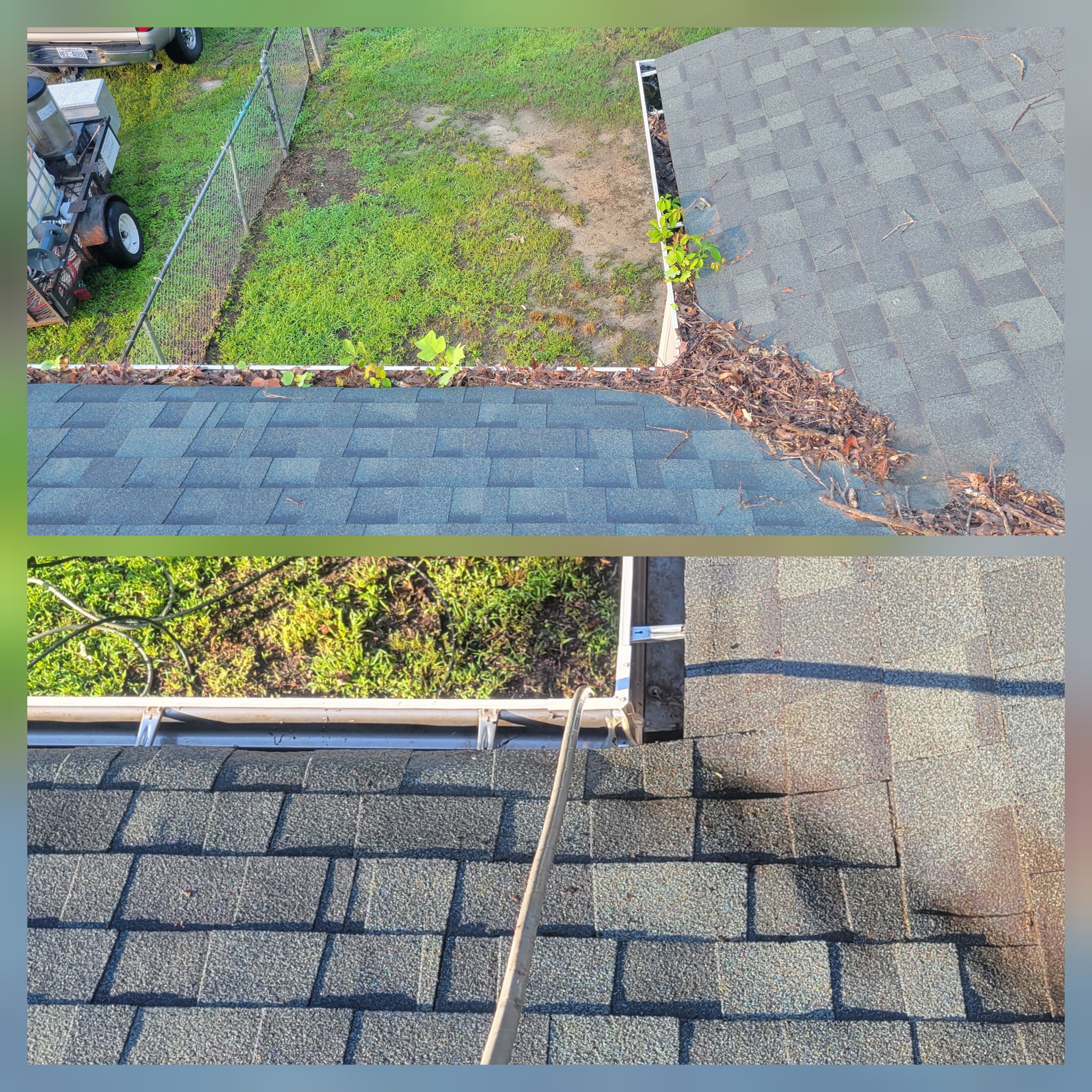 Before and after clogged gutters cleared of leaves and debris