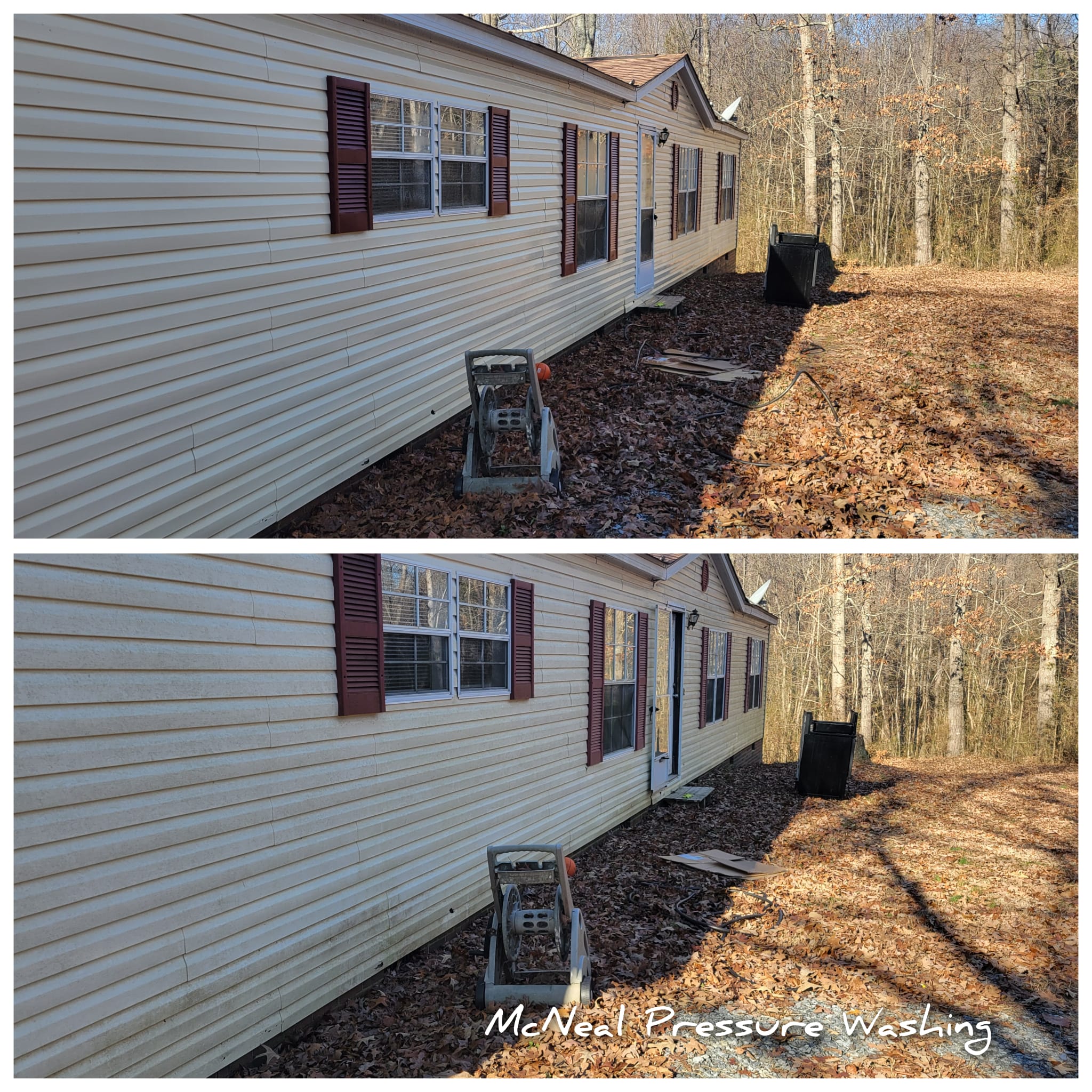 Before and after vinyl siding house wash removing green algae